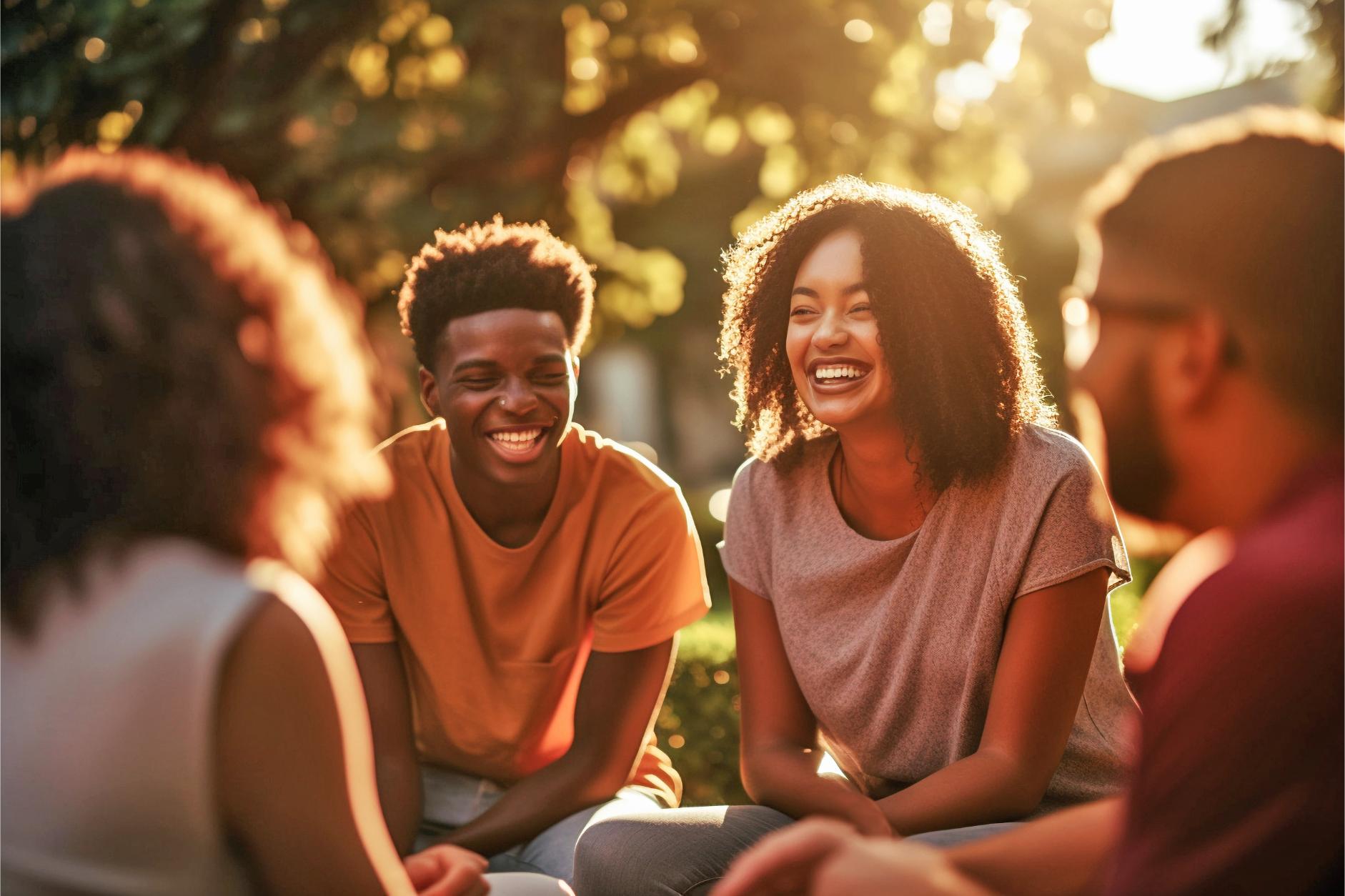 A group of people smiling outside in the sunshine.